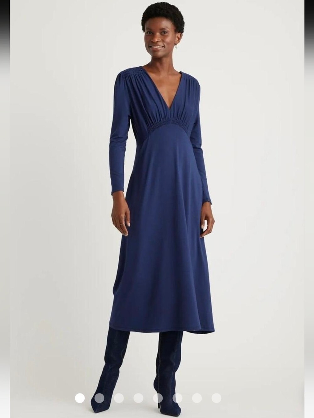 Quince-Tencel Jersey V-neck Long Sleeve Midi Dress in Navy-Size X-Large